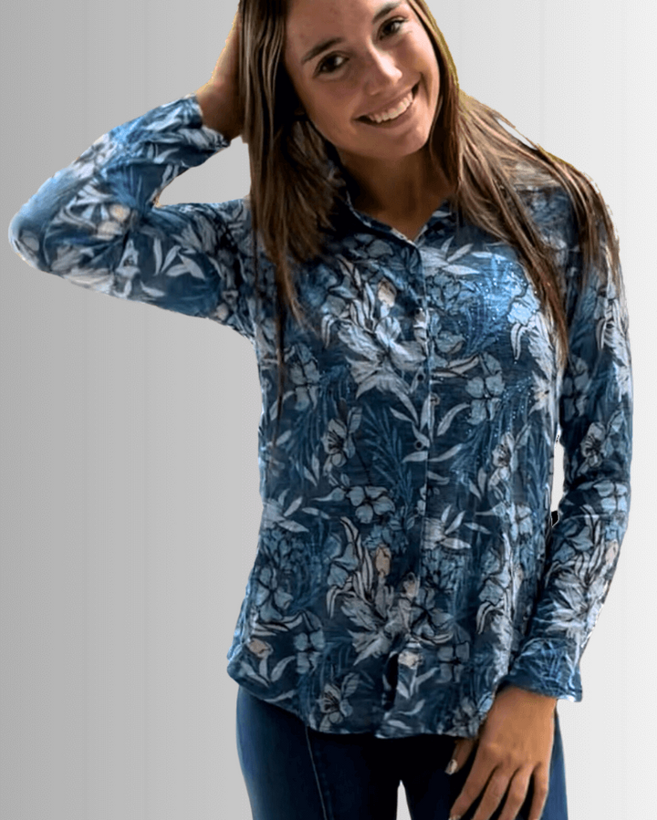 David Cline Blue Floral Rhinestone Embellished Snap Down Crushed Texture Collared Shirt | Made in USA | Women&