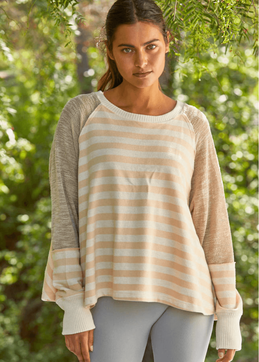 Made in USA for effortless style and comfort, The mixed media contrast with striped detail women&