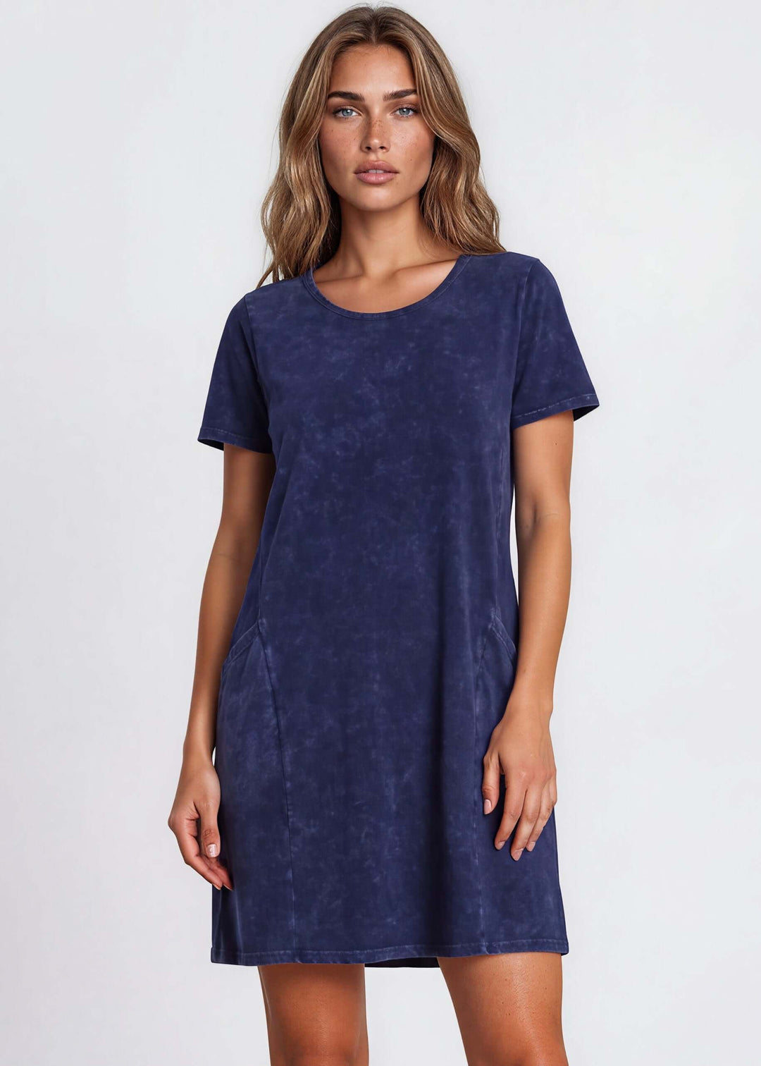 USA Made Ladies Mineral Washed Casual Cotton Short Sleeve Above Knee Length Dress with Pockets | Style# C60596 | Classy Cozy Cool Women's Made in America Boutique