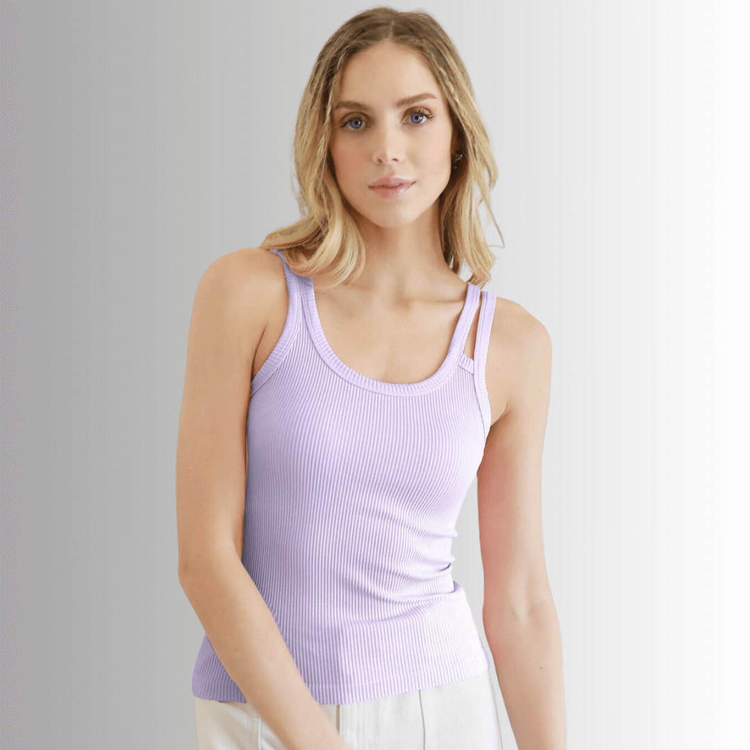 NikiBiki Style# NS8212 Ladies Fitted Scoop Neck Ribbed Tank Top with Double Strap in Orchid | Made in USA | Classy Cozy Cool Made in America Boutique