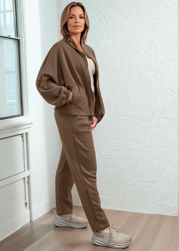 Made in USA Super Soft Relaxed Fit Matching Zip Up Jacket and Pant ,Material Compares to LuLulemon Scuba Line Wrinkle Resistant Medium Weight Material Feels Ultra Lightweight and Soft Side Pockets in Brown