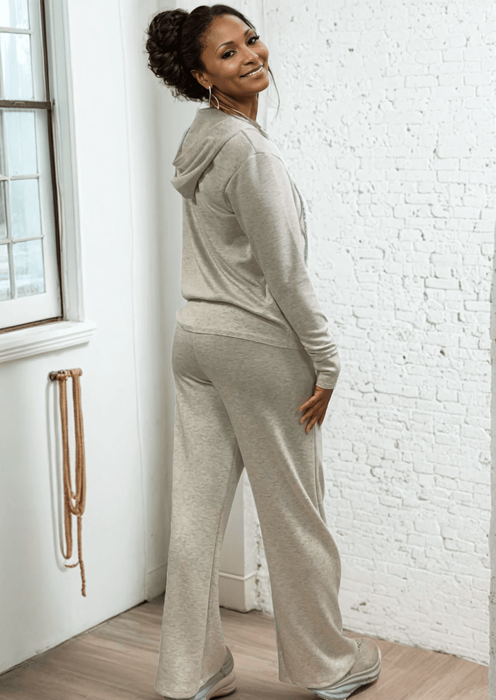 Made in USA Super Soft Relaxed Fit Matching Zip Hoodie and Pant, Material Compares to LuLulemon Scuba Line Wrinkle Resistant Medium Weight Material Feels Ultra Lightweight and Soft Side Pockets in Heather Oatmeal