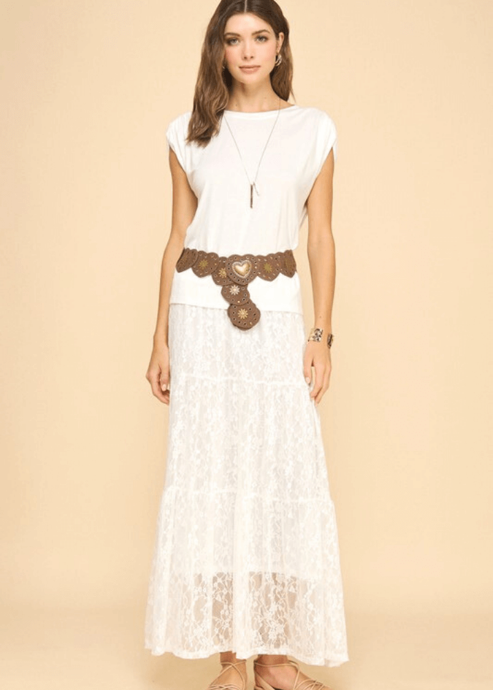 Made in USA Women's Emily Lace Maxi Skirt in Off White with Elastic Waist, Midi Length Liner | If She Loves Style ISK1099