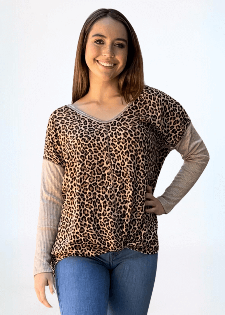 Made in USA Women's Double V-Neck Animal Print Contrast Long Sleeve Oversized Top with Knot Twist Tie in Front 