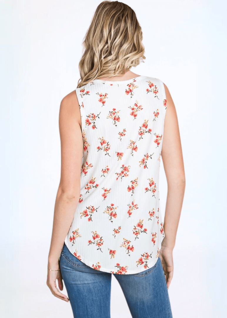 Made in USA Women's Soft Ribbed Floral Tank, Regular Fit, Very Soft, Longer Length, White with Coral Floral Print | Classy Cozy Cool Made in America Boutique