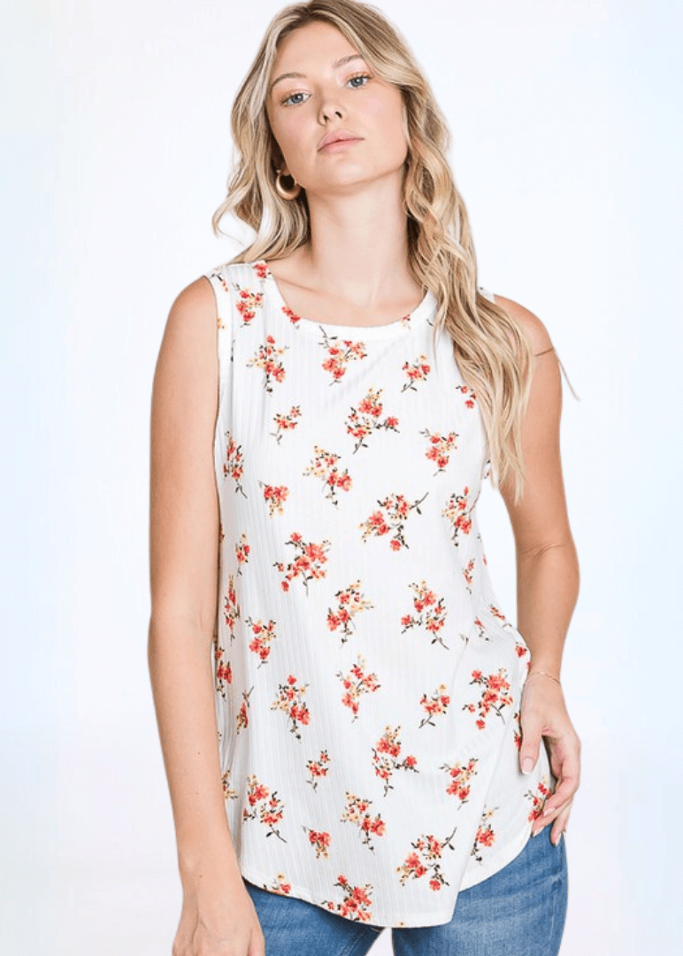 Made in USA Women's Soft Ribbed Floral Tank, Regular Fit, Very Soft, Longer Length, White with Coral Floral Print | Classy Cozy Cool Made in America Boutique