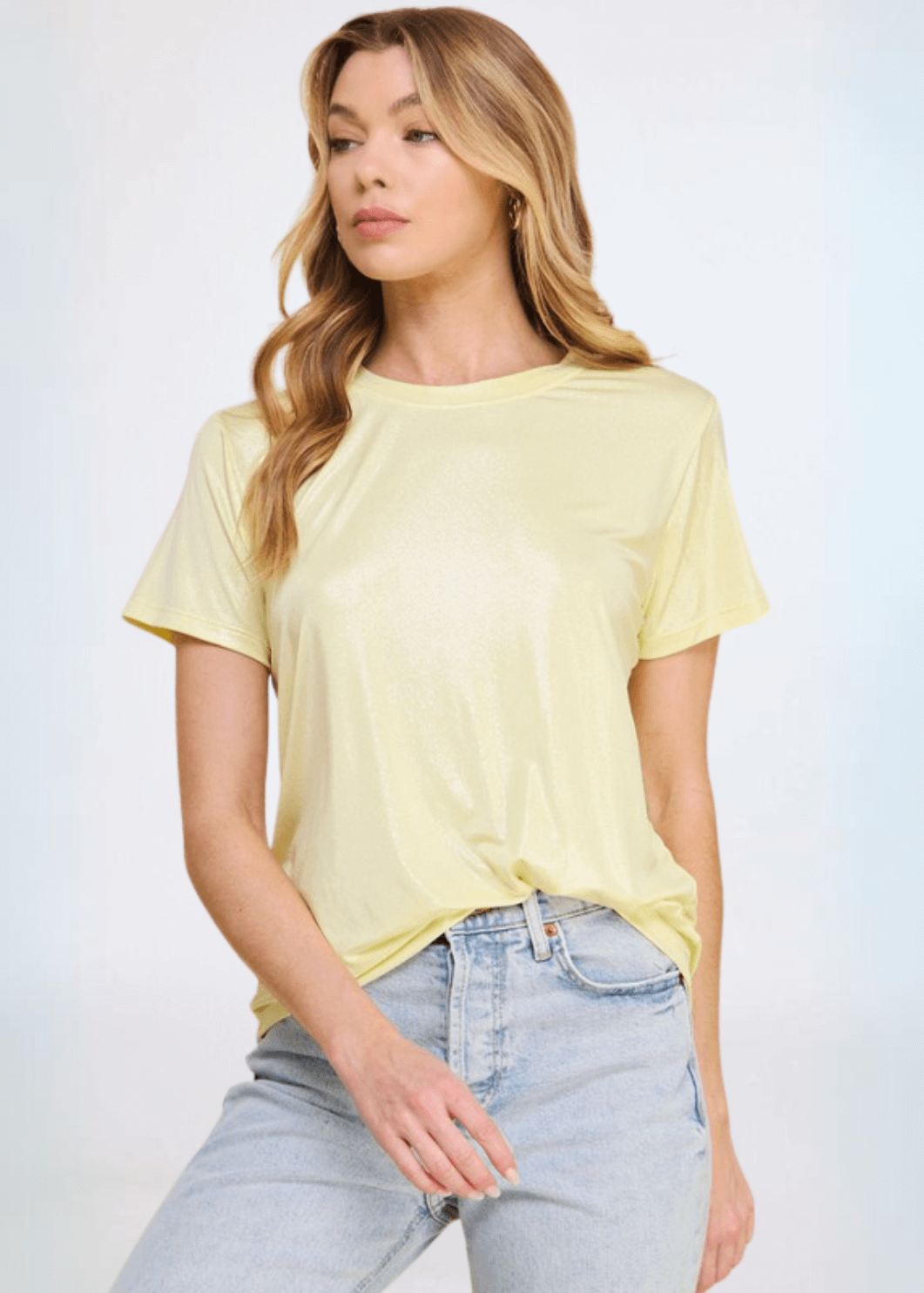 USA Made Women's Shiny Foil Crew Neck Tee in Light Yellow  | Classy Cozy Cool Made in America Clothing Boutique