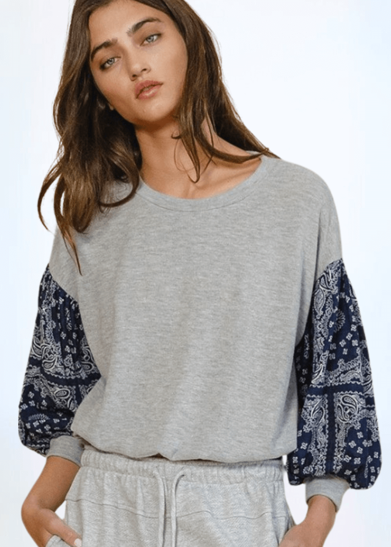 Made in USA Women's Color Block Cropped Sweatshirt 3/4 Balloon Sleeves, Elastic Bottom, Banded Cuff, Cropped Length in Grey with Navy Paisley | Bucket List Clothing Style T1102