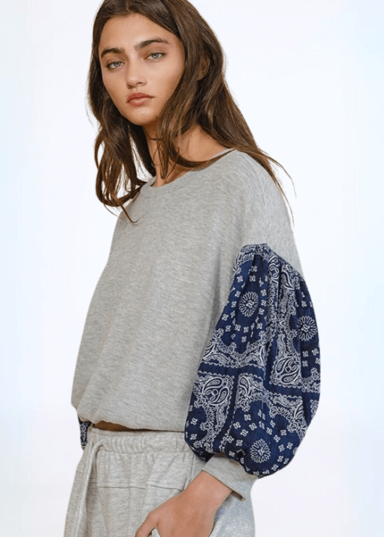 Made in USA Women's Color Block Cropped Sweatshirt 3/4 Balloon Sleeves, Elastic Bottom, Banded Cuff, Cropped Length in Grey with Navy Paisley | Bucket List Clothing Style T1102