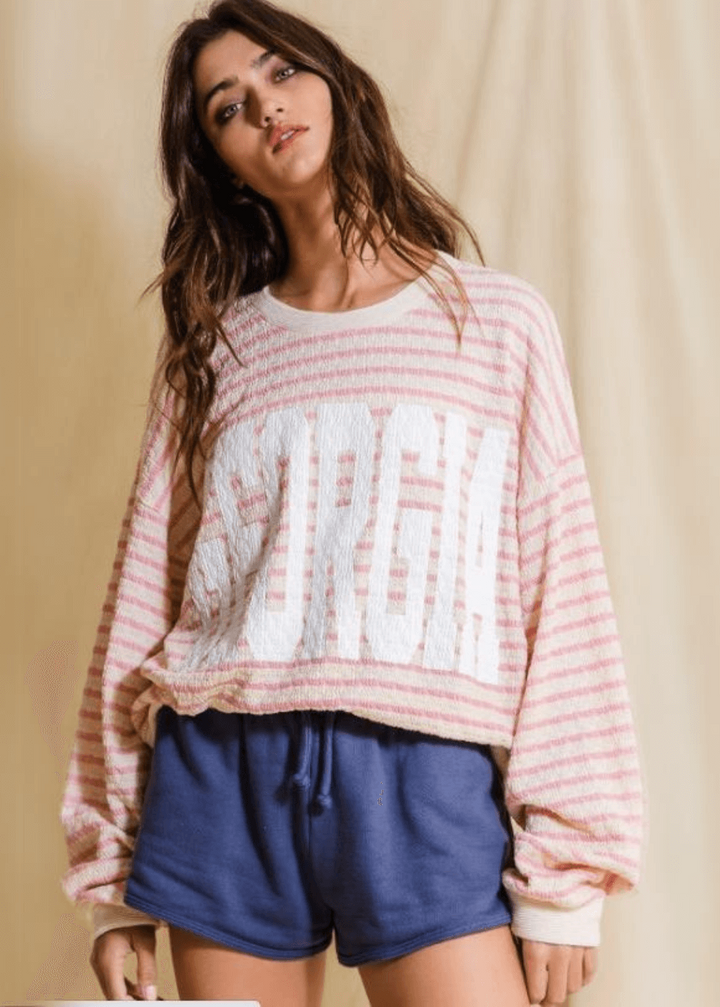 Made in USA Textured "GEORGIA" Graphic Oversized Game Day Textured Sweatshirt with Crew Neck and Long Sleeves in Pink &amp; Cream Stripes | Bucket List Style T1770
