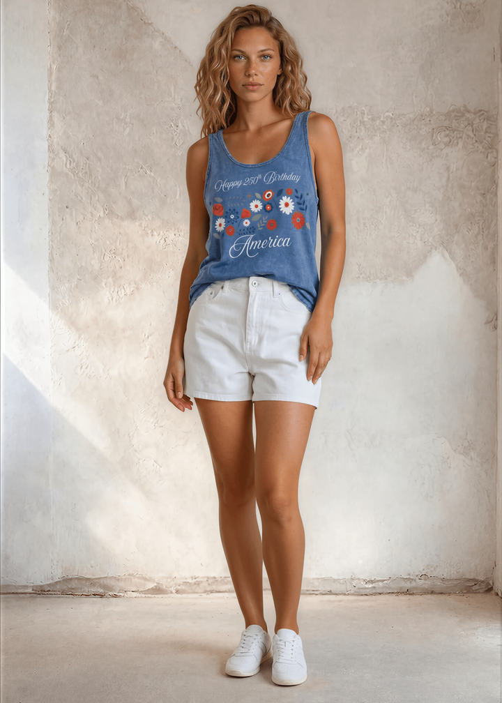 Happy 250th Birthday America Tank Top | Made in USA | 4th of July - Celebrate July 4th in a USA-made, USA cotton-grown floral graphic tank top. Light denim mineral wash, relaxed fit, soft &amp; stretchy. Proudly made in America.
