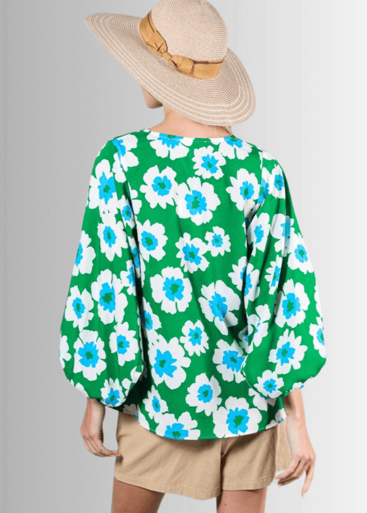 USA Made Women's Beautiful Green V-Neck Satin Bubble Sleeve Floral Dressy Top | Classy Cozy Cool Women's Made in America Boutique