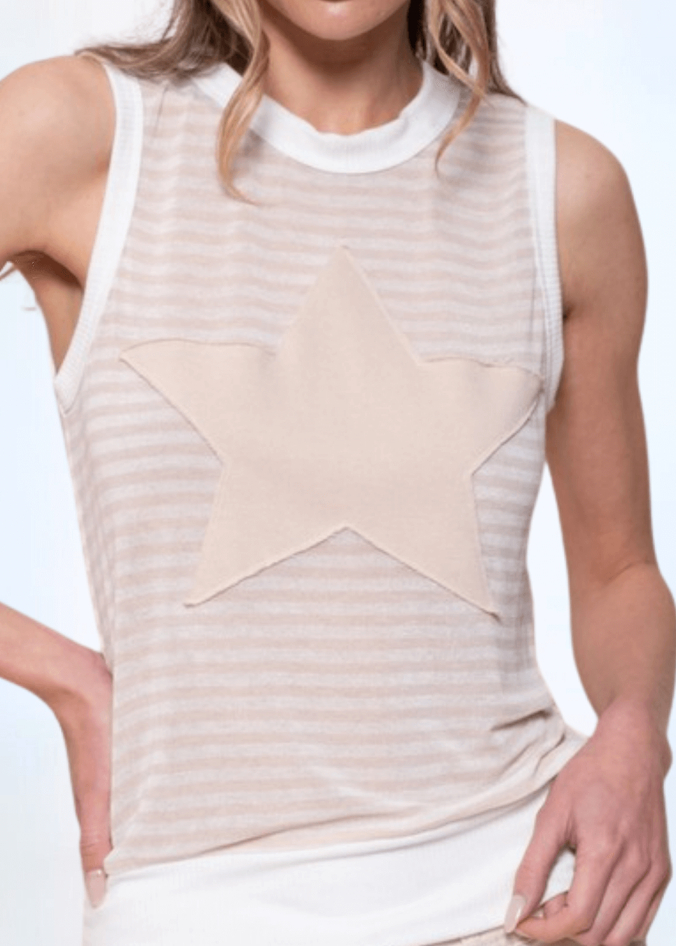 USA Made Women's Semi-Sheer Fitted Cute Striped Tank Top with Applique Star Detail and Contrast Banded Neck & Hem, Very Lightweight in Taupe | Classy Cozy Cool Made in America Boutique