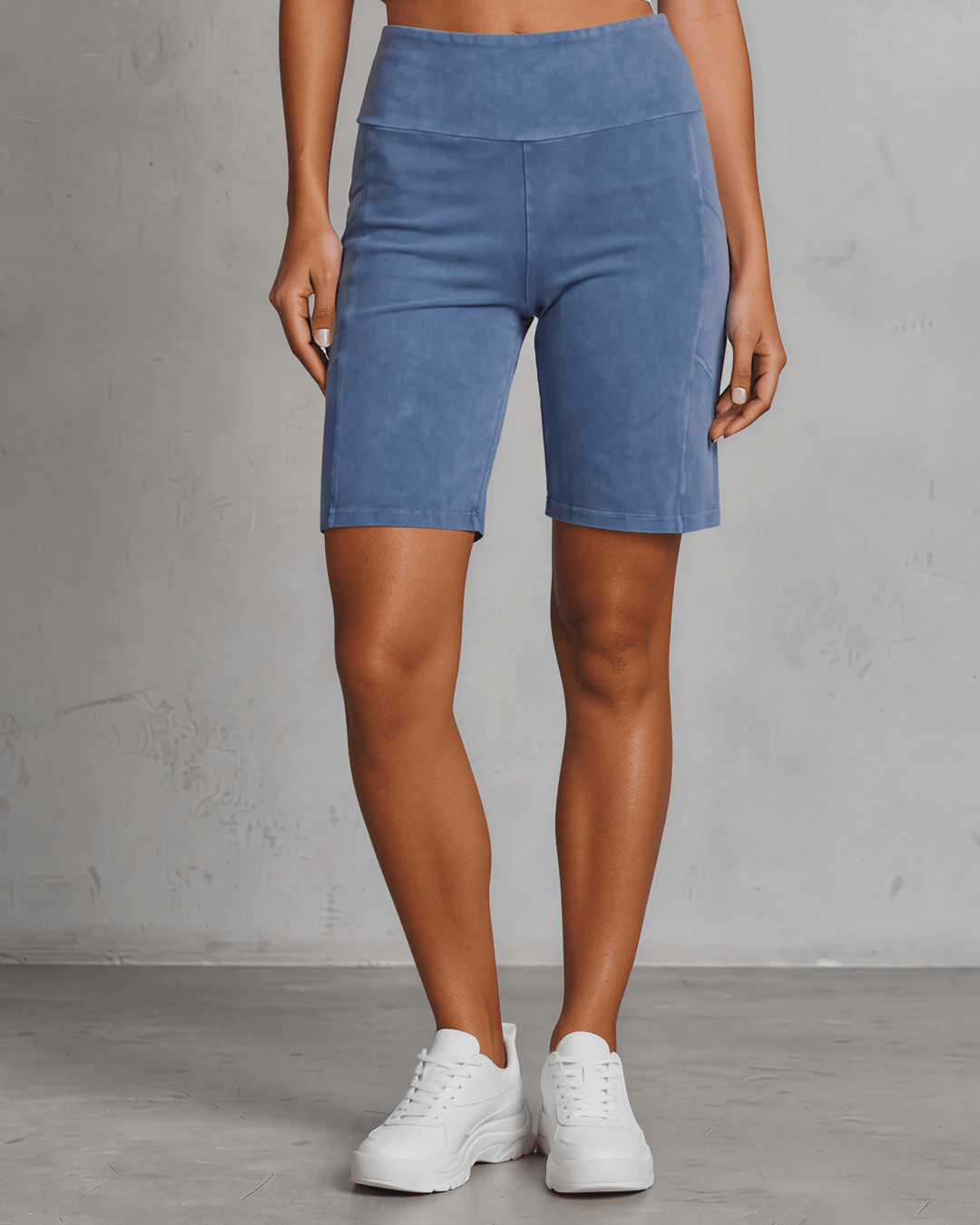 Made in USA Women's Perfect Fit Premium Tummy Control, Fitted  Walking Shorts, Large Side Pockets, Wide Waistband, Long Length in Light Blue Denim | 95% Cotton 5% Spandex | Style C30731 | Classy Cozy Cool Made in America Clothing