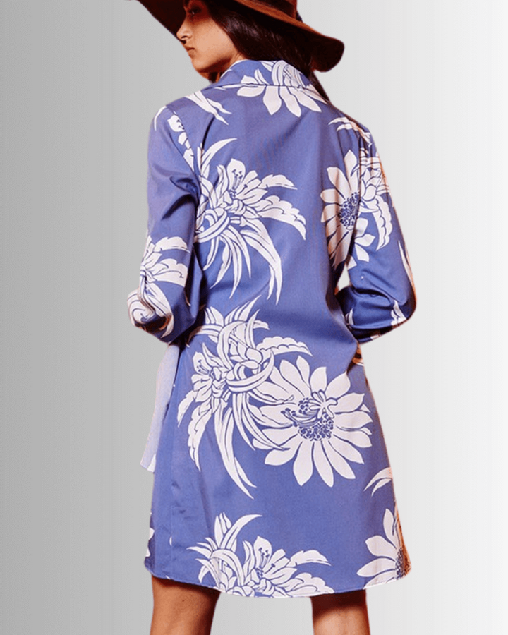Ladies Indigo Blue Floral Wrap Mini Dress or Tunic with Long Puff Sleeves | Bucket List Style