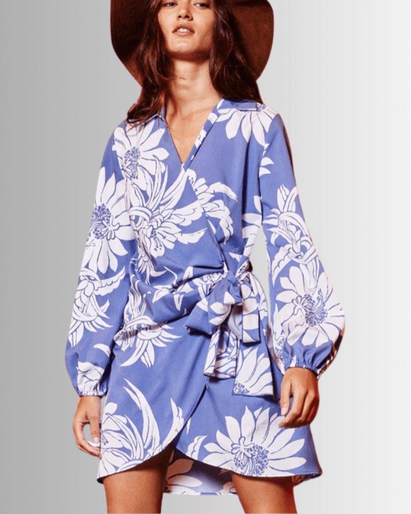Ladies Indigo Blue Floral Wrap Mini Dress or Tunic with Long Puff Sleeves | Bucket List Style# D4062 | Made in USA | Classy Cozy Cool American Boutique