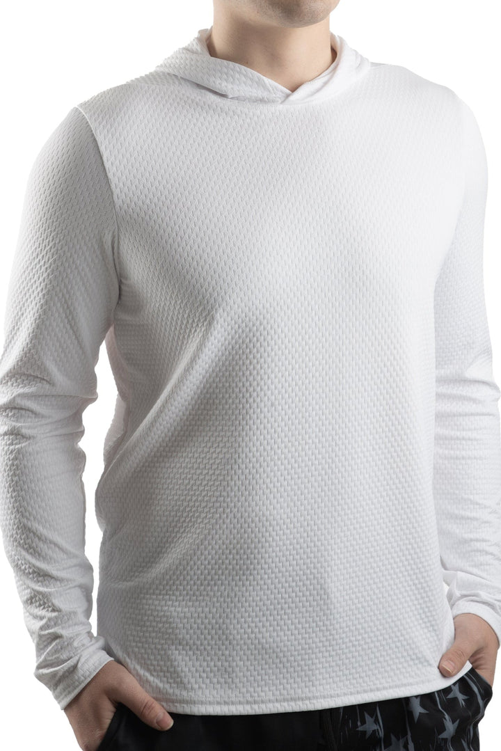 Made in USA. WSI Sportswear Men’s Illusion Mesh Sun Hoodie. Moisture Control. Breathable. Lightweight. Built-in UPF 50 Sun Protection. White Longsleeve.