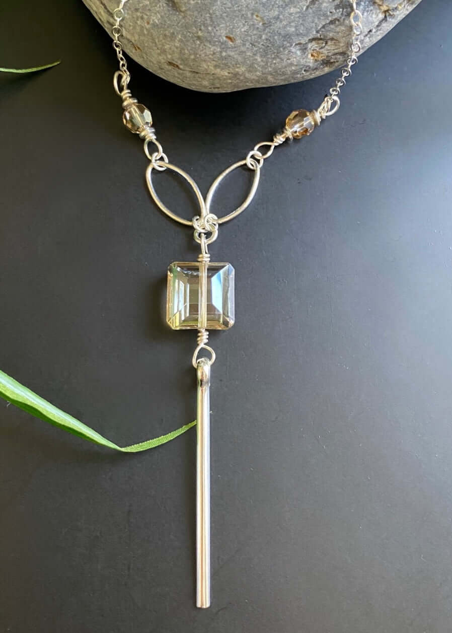 Handmade in USA by Local Artisan Women's Crystal Drop Bar Necklace with Silver Chain Faceted to Pick Up Light in All Directions | Classy Cozy Cool Women's Made in America Boutique