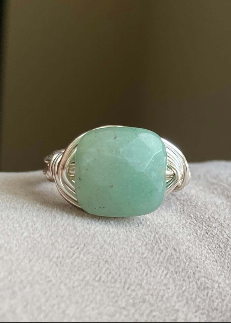 Hand Made in USA Women's Aventurine Green Natural Stone Silver Wire Wrap Ring Crafted by Local Artisan | Classy Cozy Cool Women's Made in America Boutique