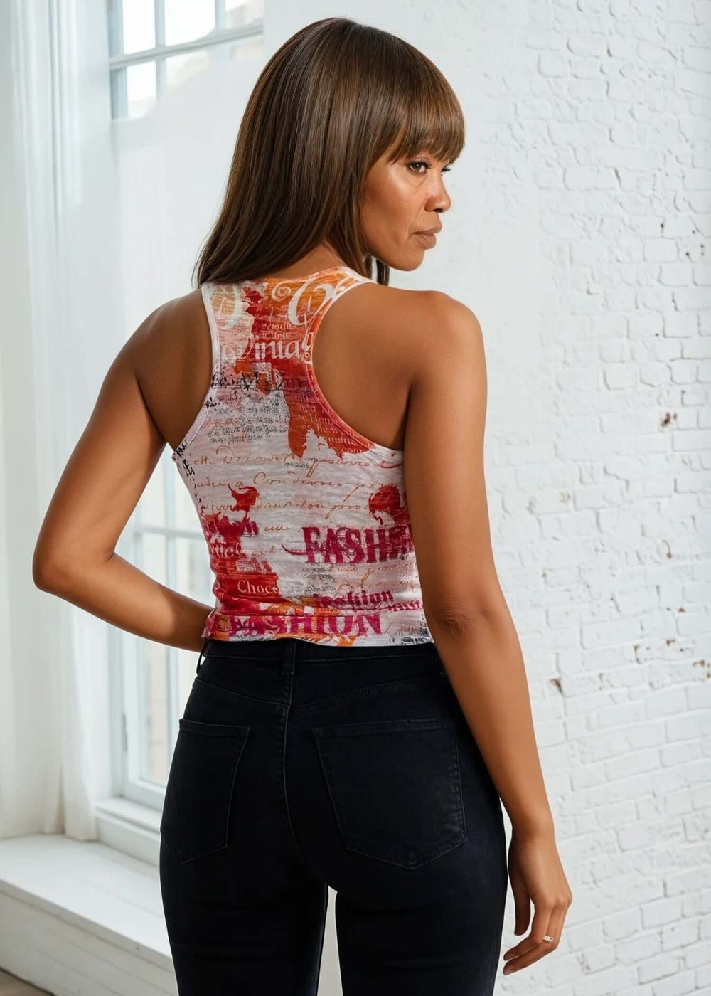 Made in USA Women's Fashion Printed Racerback Tank Top in White with Abstract Graphics with the work "Fashion" in Bold Letters | 50% Cotton 50% Polyester | Classy Cozy Cool Made in America Boutique