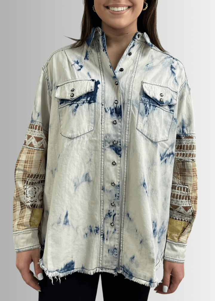 Jaded Gypsy In the Clouds Snap Down Boho Design Denim Shirt Jacket with Patchwork Detail &amp; Front Pockets - Chambray | Made In USA 