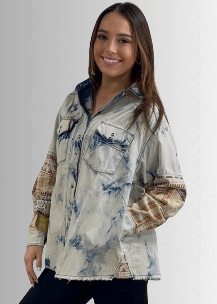 Jaded Gypsy In the Clouds Snap Down Boho Design Denim Shirt Jacket with Patchwork Detail &amp; Front Pockets - Chambray | Made In USA 