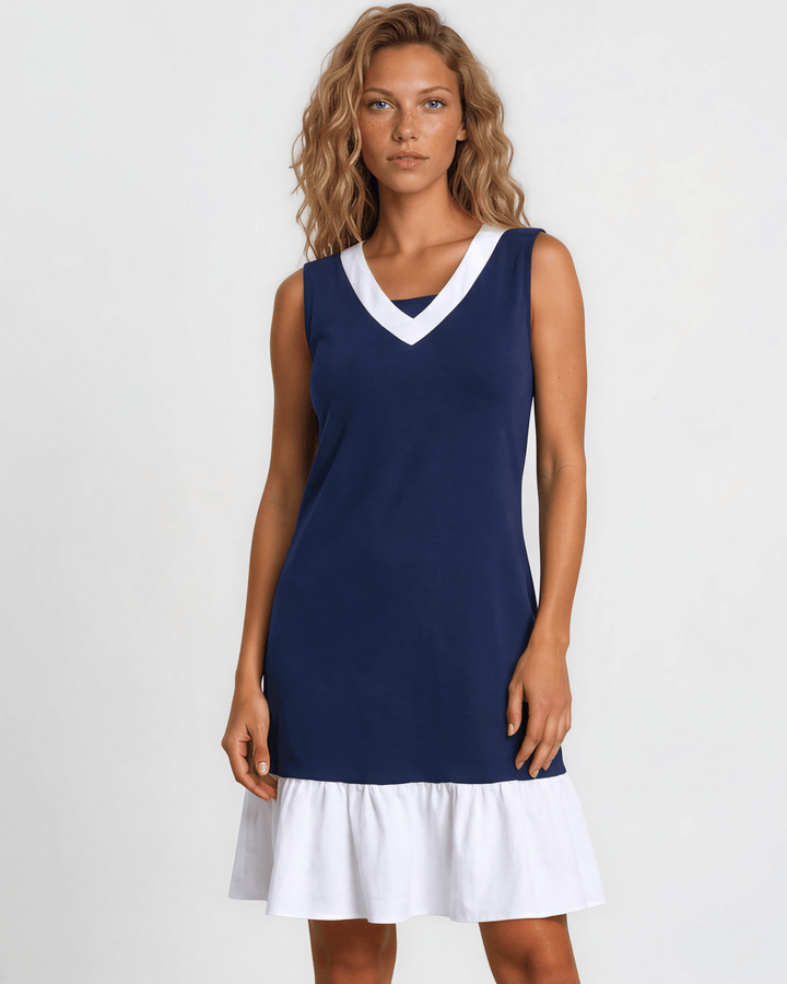 Jenny J USA Newport Coast Dress — 100% organic cotton farmed, milled &amp; sewn in the USA. Farm to Finish craftsmanship. Navy color block A-line, knee length.