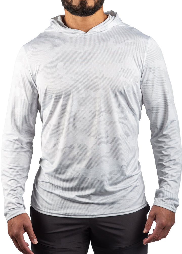 Made in USA WSI Sportswear Men’s American Made Performance Mesh White Out Sun Hoodie. Light Gray, Lightweight, Built-in Sun Protection.