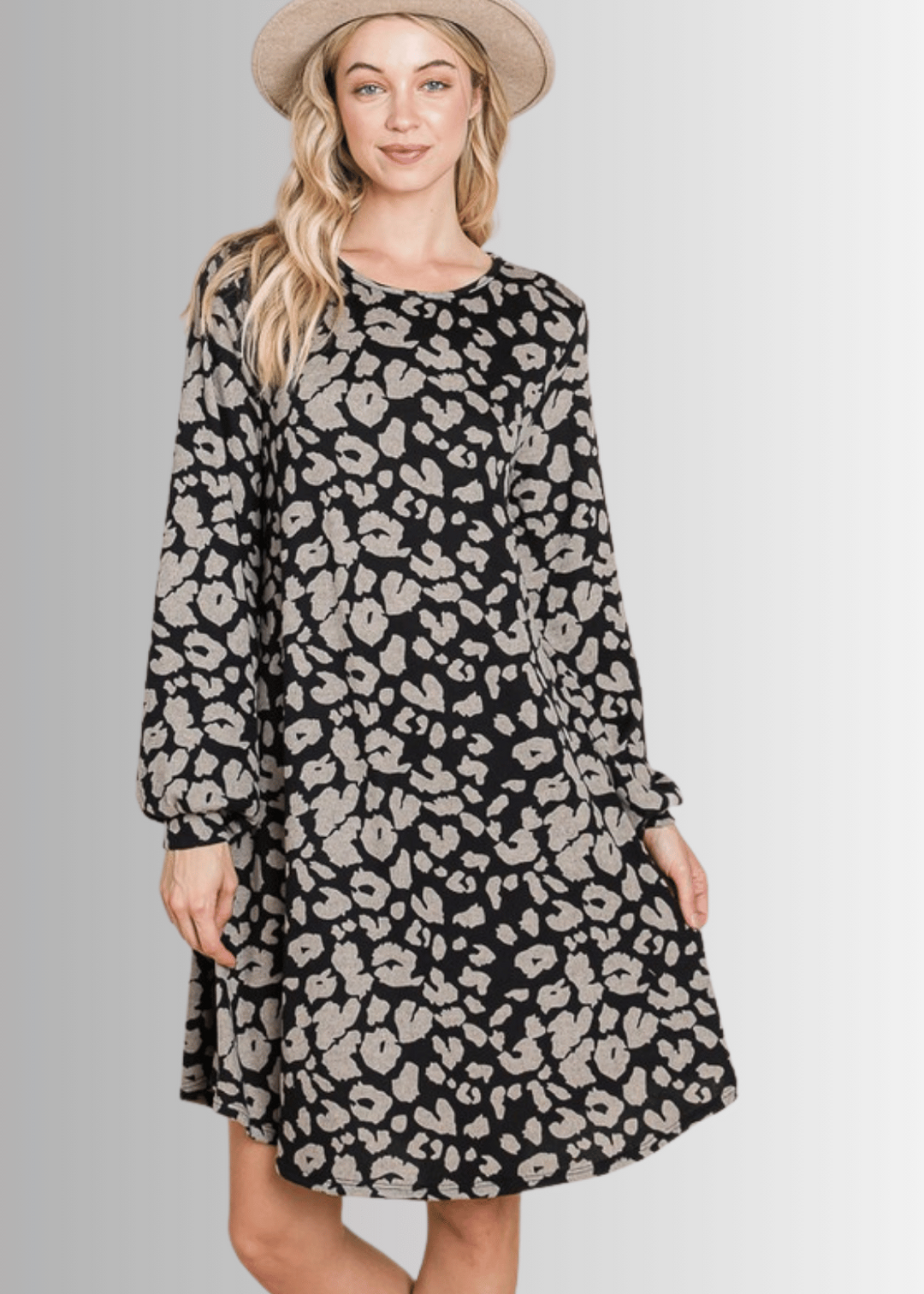 Made in USA Women's Long Sleeve Knee Length Cheetah Print A-Line Sweater Dress in Black & Taupe | Classy Cozy Cool Made in America Boutique