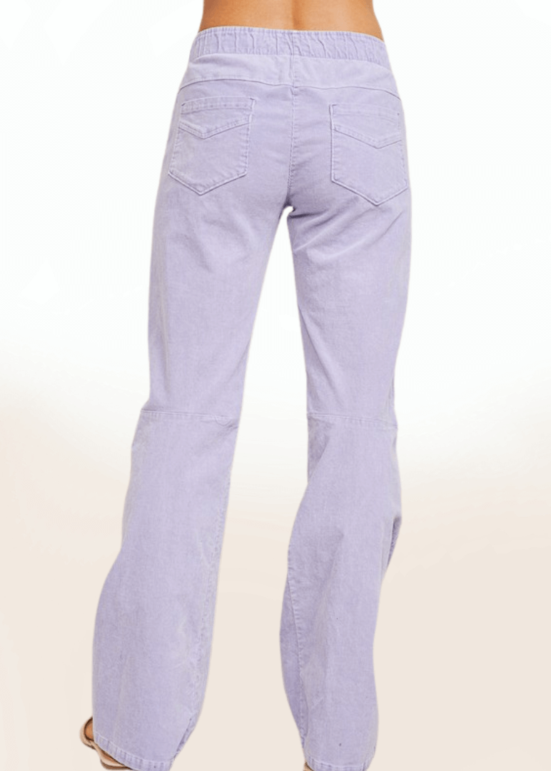 Made in USA Women's Cotton Pull On Lavender Corduroy Pants, Elastic Waistband, Mid Rise, Slight Flare Hem, Relaxed Fit, Back Pockets | Classy Cozy Cool Made in America Boutique