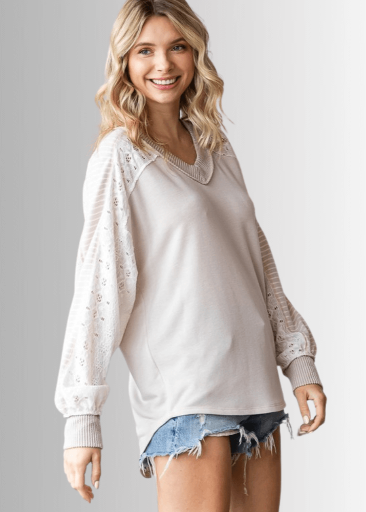 Made in USA Multi Fabric V-Neck Top, Lace and Ribbed Detail, Curved Hem, Long Sleeves, Relaxed Fit, Available Colors: Blue and Beige Style T5849 | Classy Cozy Cool Made in America Boutique