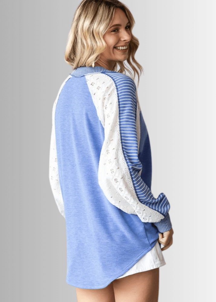 Made in USA Multi Fabric V-Neck Top, Lace and Ribbed Detail, Curved Hem, Long Sleeves, Relaxed Fit, Available Colors: Blue and Beige Style T5849 | Classy Cozy Cool Made in America Boutique
