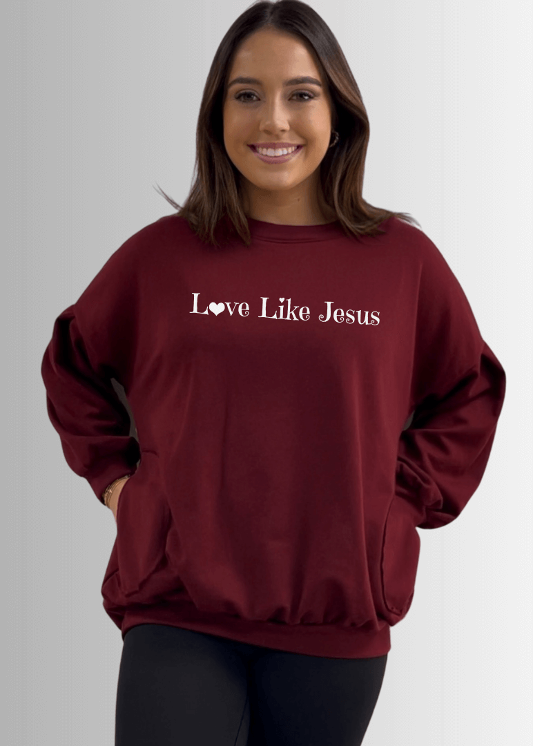 Made in USA Love Like Jesus Graphic Women's Cotton Blend French Terry Oversized Solid Knit Sweatshirt with Side Pockets, Longer Length, Medium Weight in Burgundy | Classy Cozy Cool Made in America Boutique