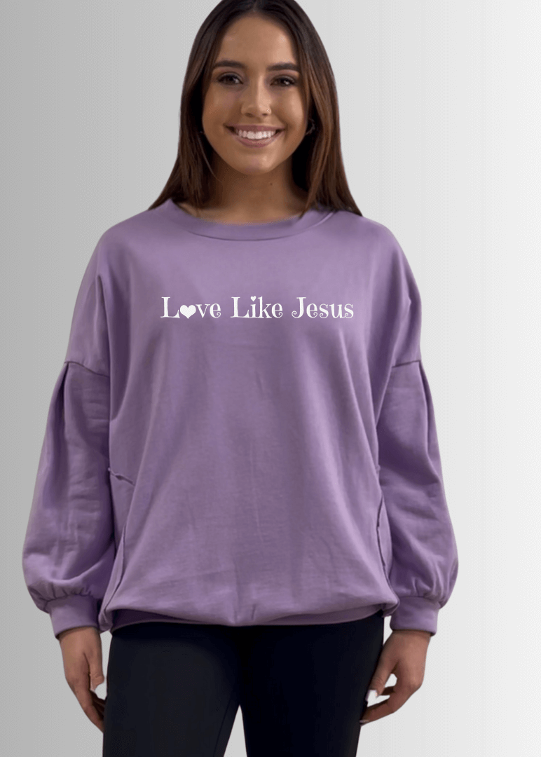 Made in USA Love Like Jesus Graphic Women's Cotton Blend French Terry Oversized Solid Knit Sweatshirt with Side Pockets, Longer Length, Medium Weight in Lavender | Classy Cozy Cool Made in America Boutique