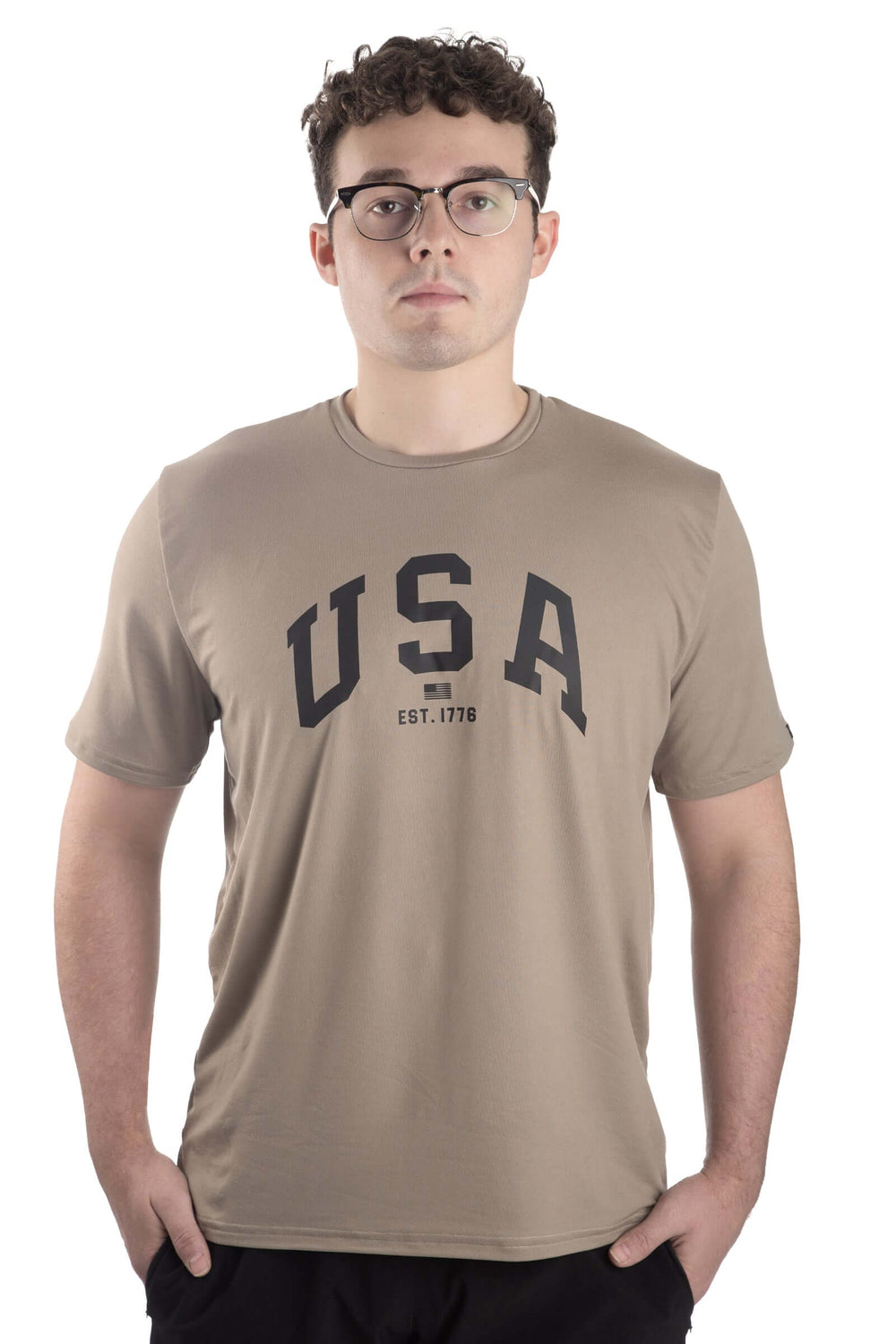 Made in USA. WSI Sportswear Men’s Patriotic USA Graphic SoftTECH™ Tee.  Lightweight, Moisture Wicking, in Dark Olive or Stone