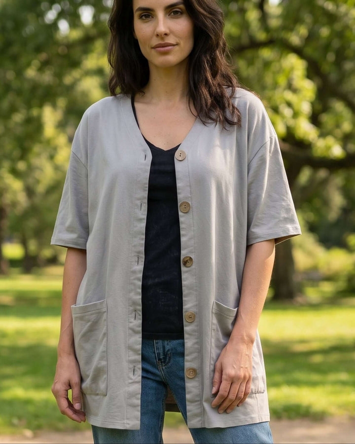 The Mary K Farm Smock — loose fit organic cotton jacket with XL pockets. USA grown, milled &amp; sewn. Pre-shrunk, chemical free. Sizes S–XL.