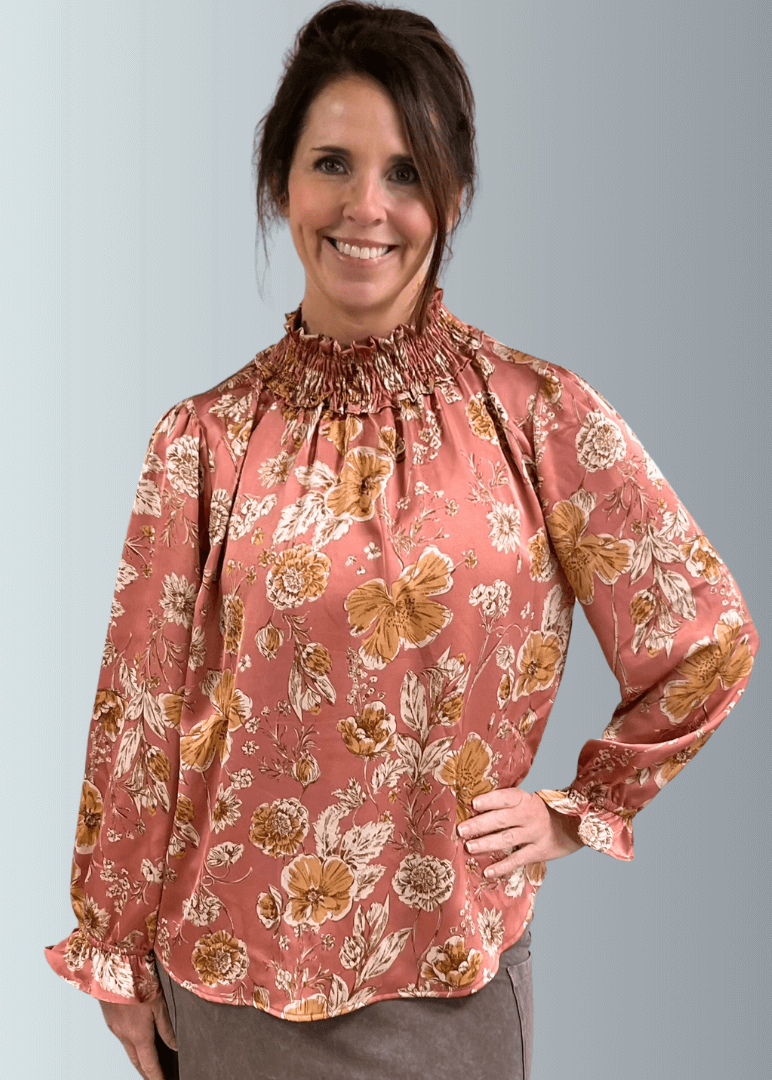Made in USA Women's Satin Mauve Floral Ruffled Relaxed Fit Smocked Mock Neck Dressy Top with Elastic Ruffled Cuffs | Classy Cozy Cool Made in America Boutique