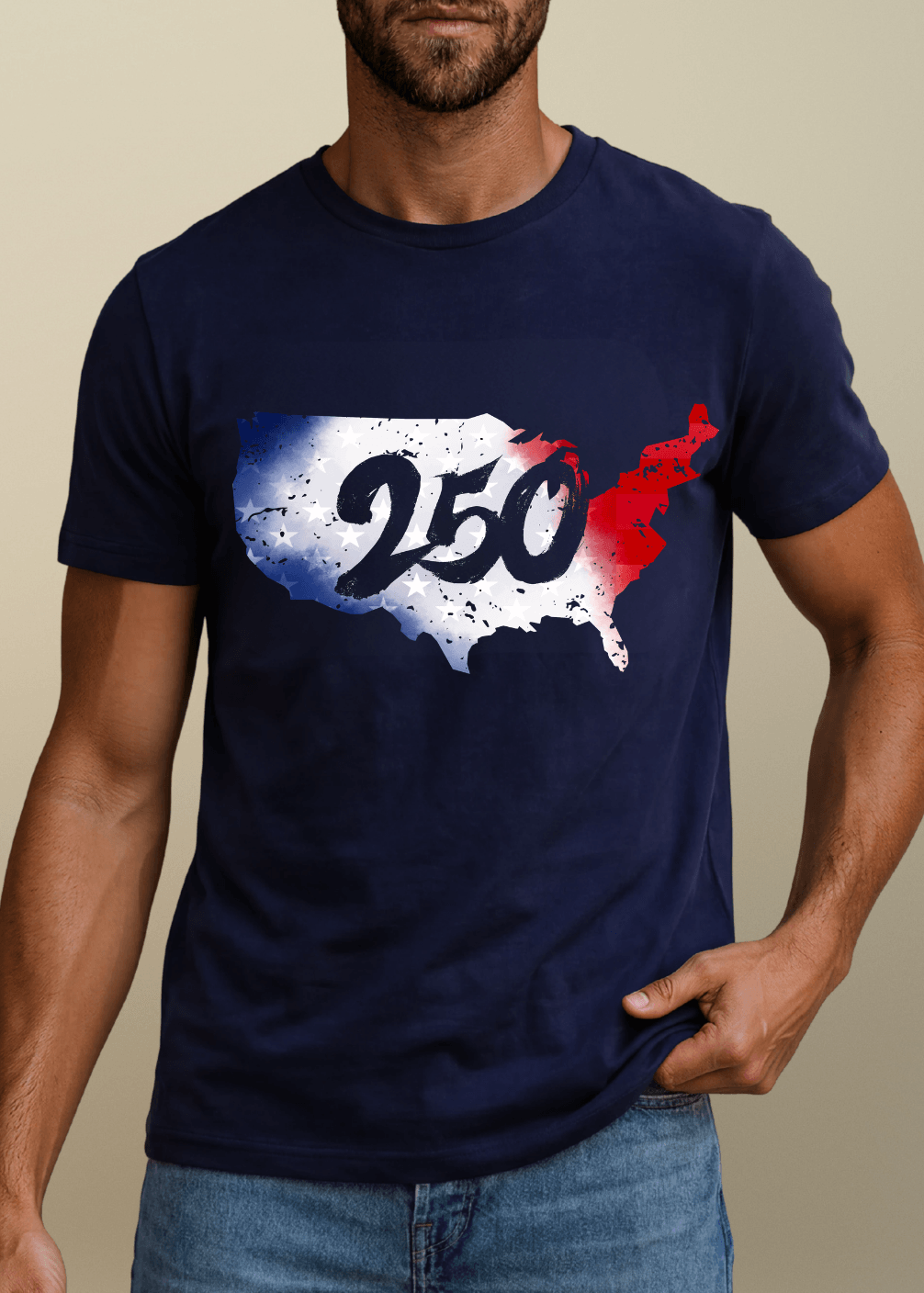 Men's 250 USA map graphic tee in Black or Navy. Distressed red, white & blue print. Made in USA, 100% ring-spun cotton, relaxed unisex fit.