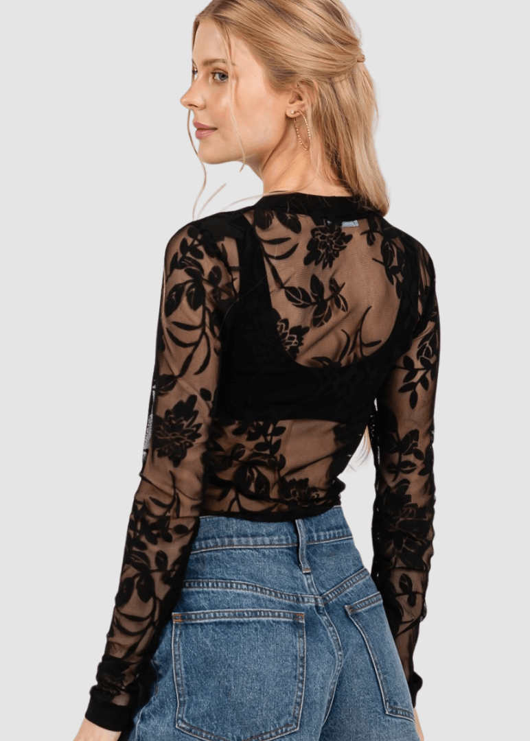 Made in USA Women's Black Floral Lace Button Down V-Neck Sheer Bodysuit with Snap Opening Crotch, Soft Stretchy Material
