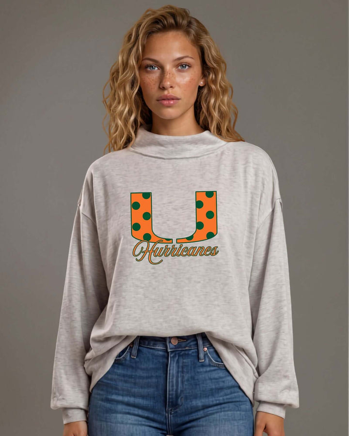 University of Miami Hurricanes Polka Dot Gameday Mock Neck Sweatshirt, detail view, women&