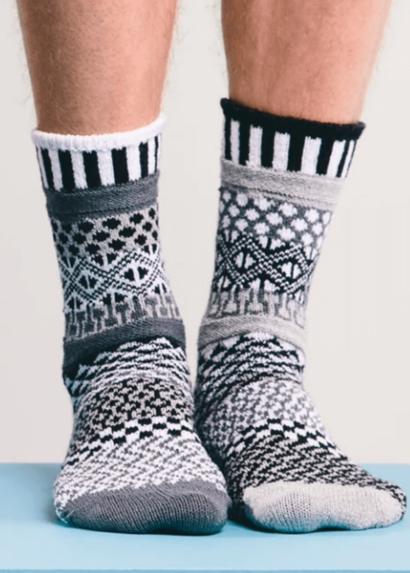 USA Made Socks Solmate MIDNIGHT Black & White Knitted Crew Socks | Made In USA | Delightfully Mismatched & so Very Comfortable. Classy Cozy Cool Women's Boutique.