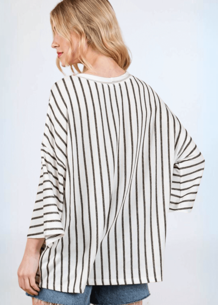 Made in USA Women's Contrast Striped Oversized Color Block Knit top. Round neck Drop shoulder, Oversized and comfort fit, 3/4 sleeve | Classy Cozy Cool Made in America Boutique