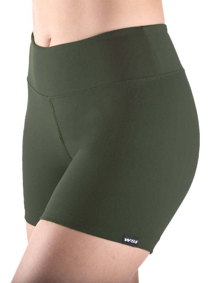 Made in USA WSI Sportswear Motion Pocketed Moisture Wicking Athletic Biker Shorts,  Flat locked seams, Side Pocket 5" Inseam,  Color: Olive Green 
