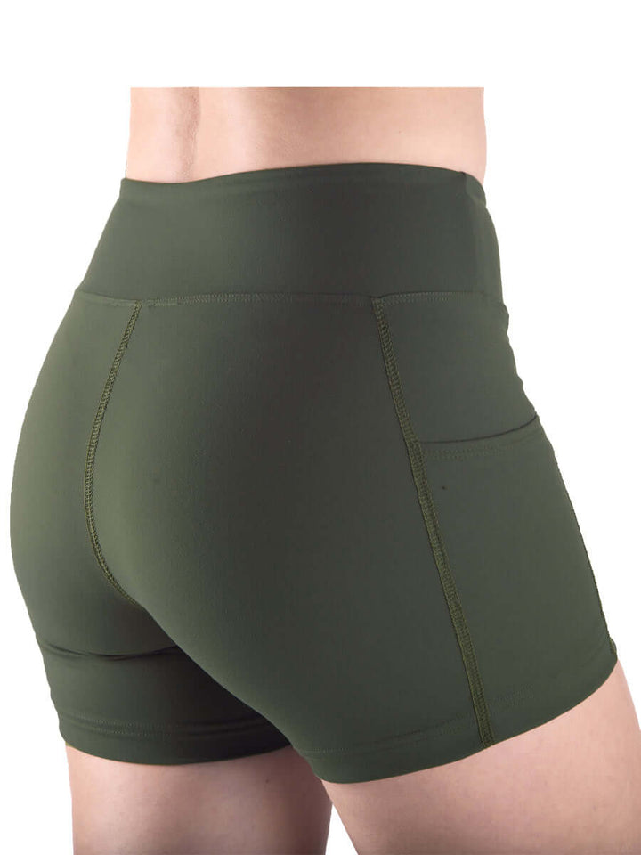 Made in USA WSI Sportswear Motion Pocketed Moisture Wicking Athletic Biker Shorts,  Flat locked seams, Side Pocket 5" Inseam,  Color: Olive Green 