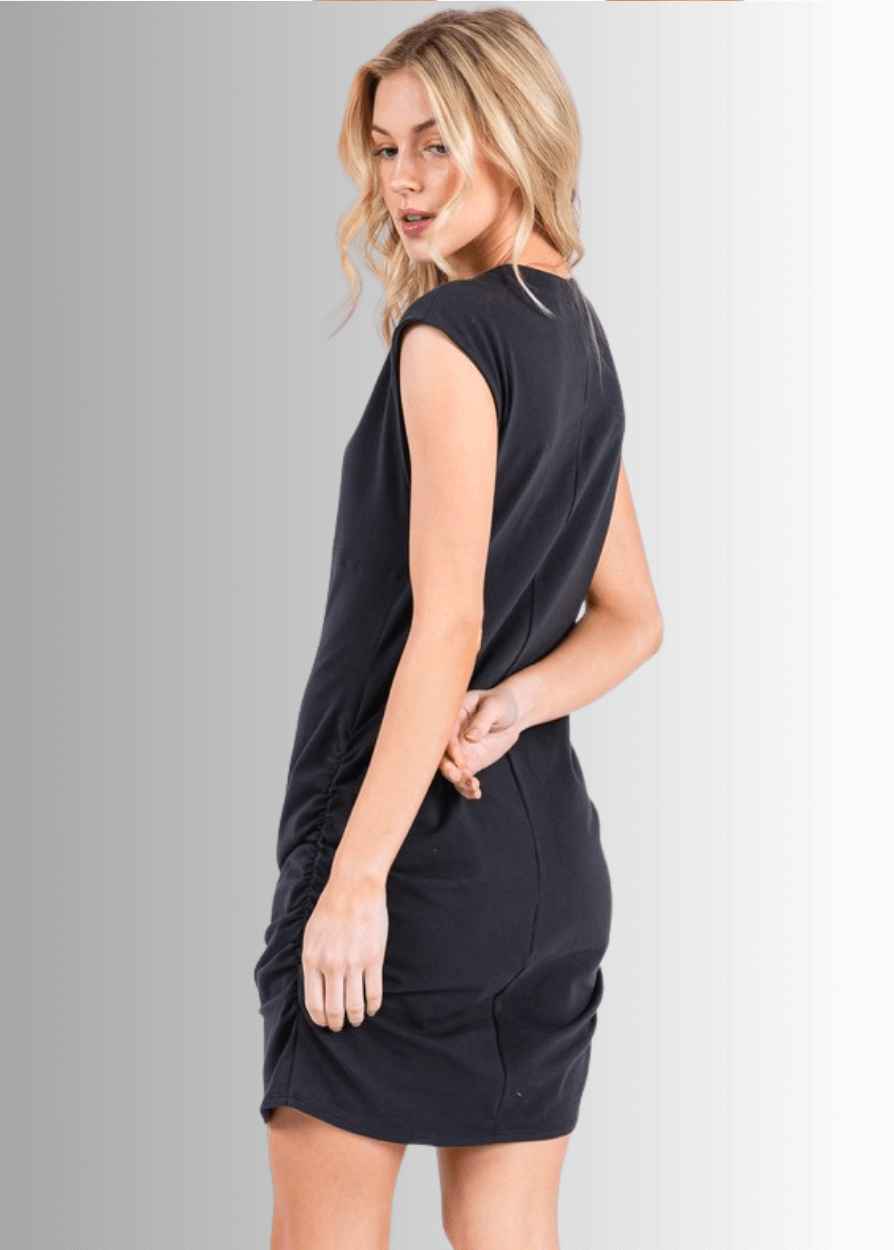 Made in USA Women's Sleeveless Cotton Mini Dress or Tunic with Shirring Detail and Crossover Hem in Graphite or Seagrass Colors  | Style ND41025 | Classy Cozy Cool Made in USA Boutique