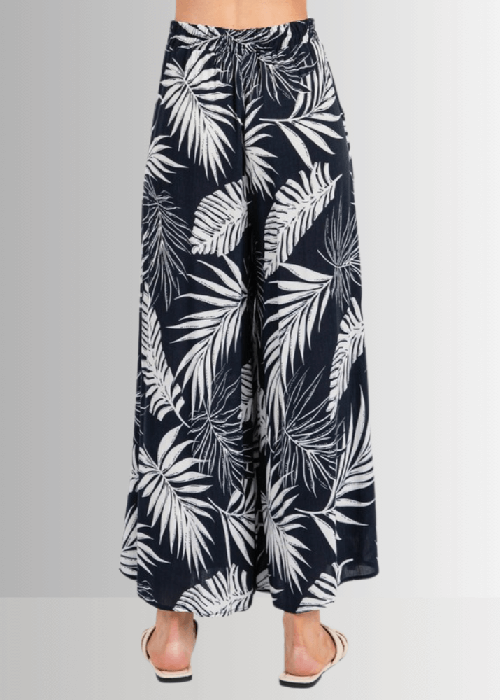 Made in USA Women's Rayon Gauze Navy Tropical Palm Wide Leg Cropped Pants with Pockets | Classy Cozy Cool Made in America Boutique