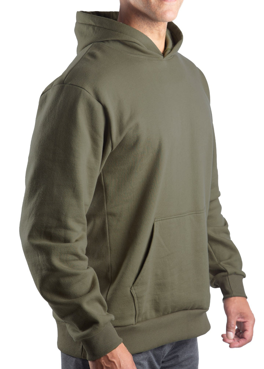 WSI Sportswear Men's Mid-Weight Fleece Hoodie Made in USA in Black or Moss Green,  Loose Fit, Super comfortable and durable 14 ounce heavy-weight fleece, Built in hood and kangaroo pocket, Ribbed cuffs