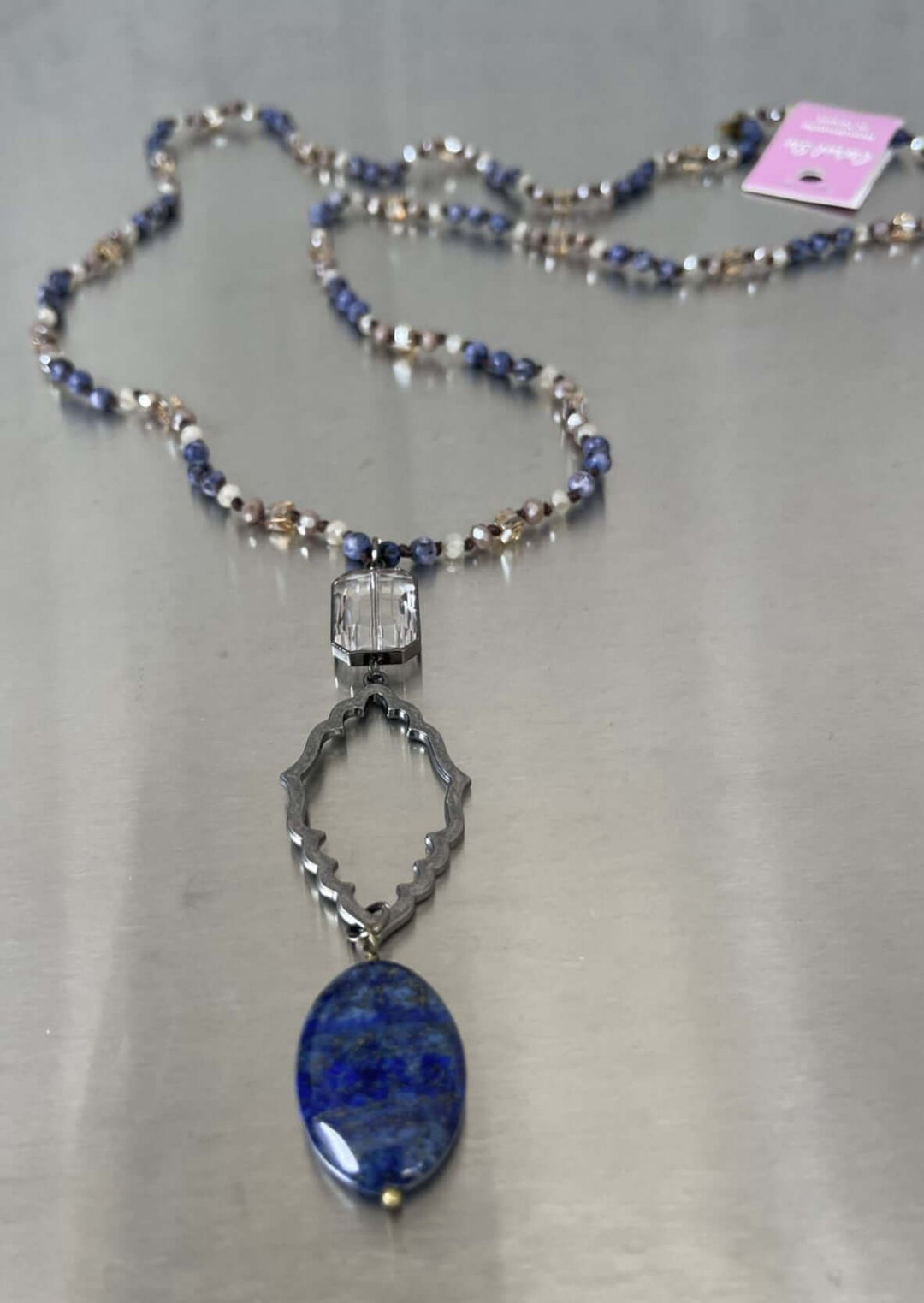 USA Made Ladies Blue Stone Pendant Natural Stone Charm Necklace Where Long or Short | Fashion Jewelry Handmade in Texas by Carol Su | Made in America Boutique