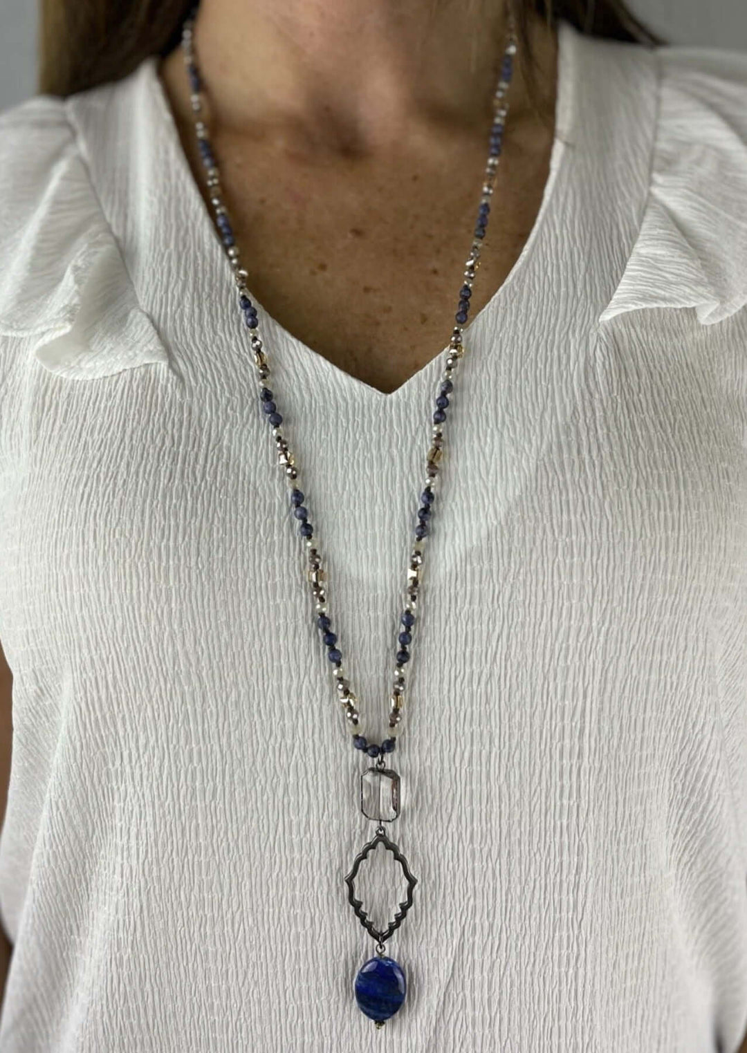 USA Made Ladies Blue Stone Pendant Natural Stone Charm Necklace Where Long or Short | Fashion Jewelry Handmade in Texas by Carol Su | Made in America Boutique