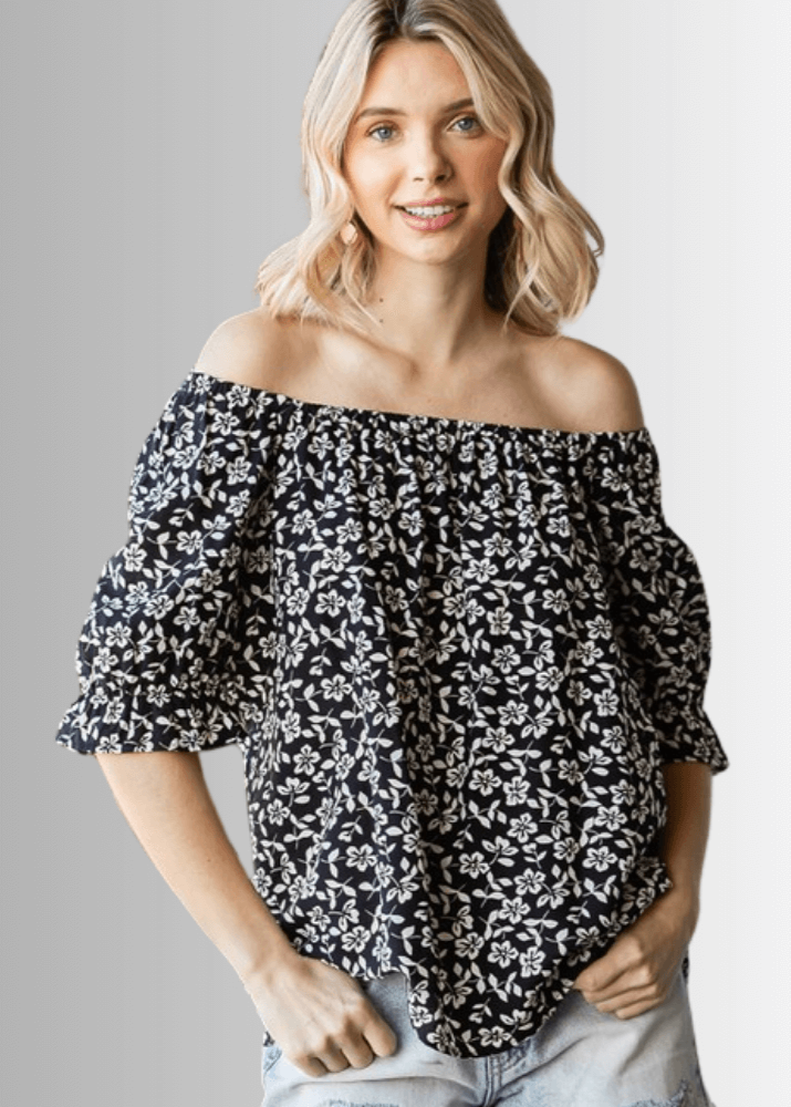 USA Made Women's Black and White Off the Shoulder Floral Top with Elastic Neckline & Ruffled Cuffs  | Classy Cozy Cool Women's Made in America Clothing Boutique